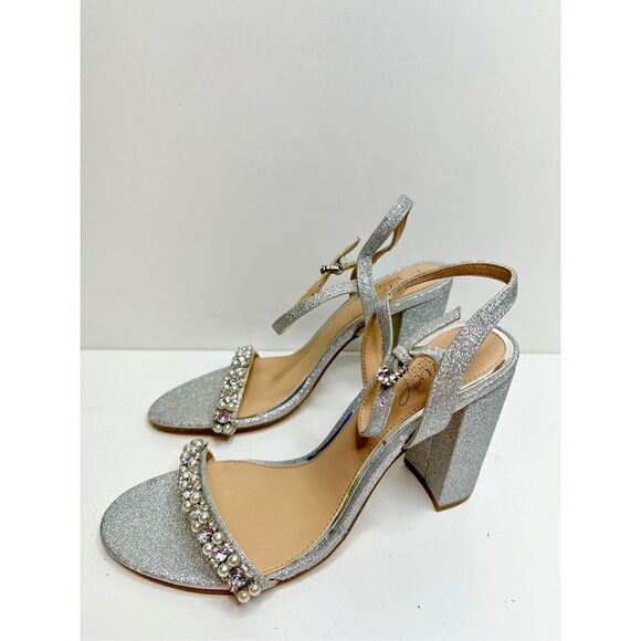 Badgley Mischka Sandals Womens Size 8.5 Silver Block Heel Open Toe‎ Embellished - Picture 4 of 9